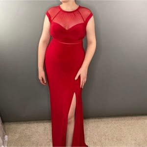 Beautiful Red Formal Dress With Mesh Detailing and Slit Size 8
